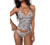 Tankini de Dos Piezas para Mujer con Estampado de Cuadros Vichy y Cerezas, Traje de Baño Halter y Braga de Bikini Clásica Rosado Gris (FR/ES, Letras, M, Regular, Regular, Gris)