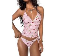 Tankini de Dos Piezas para Mujer con Estampado de Cuadros Vichy y Cerezas, Traje de Baño Halter y Braga de Bikini Clásica Rosado Gris (FR/ES, Letras, M, Regular, Regular, Rosado)
