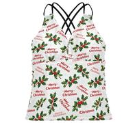 Tankini para mujer, secado rápido, control de abdomen, parte superior de traje de baño XS, Feliz Navidad Verde Acebo, Large