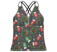 Tankini para mujer, traje de baño con control de abdomen para playa, talla XS, Manoplas navideñas gris oscuro rojo verde acebo, S
