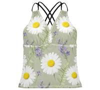 Tankini para mujer, traje de baño con control de abdomen para playa, talla XS, Patrón floral de margarita y lavanda, Large