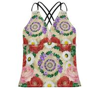 Tankini para mujer, traje de baño con cuello en V para playa, talla XS, Mandala floral de peonía y margarita, Large