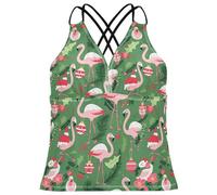 Tankini para mujer, traje de baño con cuello en V para playa, talla XS, Patrón de Navidad con rubor flamenco oliva_3 (1), XS