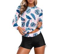 Tankinis Set Langarm Top Shorts mit Stilvollem Print-Design für Aktive Strandtage bequem Vielseitige Sommerbekleidung, azul celeste, XXL