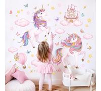 Tanlaby Pegatinas de Pared Unicornio Mágicos con Castillo Nubes Mariposas Vinilos Decorativos para Pared Infantil, Decoración para Dormitorio de Niña, Guardería y Cuarto de Juegos