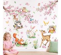 Tanlaby Pegatinas Pared Animales Flores Rosa Vinilos Infantiles Pared Árbol | Árbol Cerezo Bosque Vinilo Decorativos de Ciervo Ardilla para Habitación Infantil Dormitorio Niña Bebé Guardería