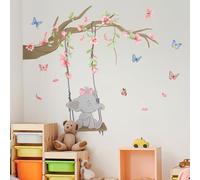 Tanlaby Rosa Columpio Elefante Vinilo Pared, Rama Flores Rosas Mariposas Pegatinas de Pared Caricatura Autoadhesivo Removible Vinilos Decorativos para Dormitorio de Niña Guardería Decoracion Pared