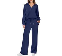 TANMESSO Conjunto de descanso de 2 piezas para mujer, sudadera de manga larga con camiseta polo y pantalones de pierna ancha, acogedor conjunto de otoño a juego, azul oscuro, L