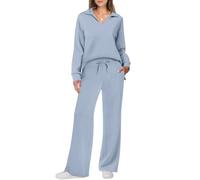 TANMESSO Conjunto de descanso de 2 piezas para mujer, sudadera de manga larga con camiseta polo y pantalones de pierna ancha, acogedor conjunto de otoño a juego, azul celeste, L