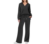 TANMESSO Conjunto de descanso de 2 piezas para mujer, sudadera de manga larga con camiseta polo y pantalones de pierna ancha, acogedor conjunto de otoño a juego, Negro, XL