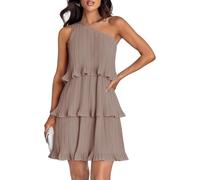 TANMESSO Vestido corto de verano 2024 para mujer, sin mangas, bohemio, con un hombro, volantes, gasa, acampanado, vestido escalonado, caqui, M