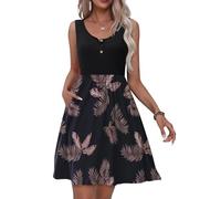 Tanmolo Vestido de Verano para Mujer Largo hasta la Rodilla Informal con Botones Vestido sin Mangas con Bolsillos Vestido EláStico（Hojas Marrones sobre Fondo Negro S）