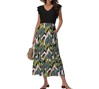 Tanmolo Vestido Largo de Verano para Mujer Vestido Largo de Playa Cuello V Estilo Swing con Estampado Floral con Bolsillos（Hojas Grandes XL）