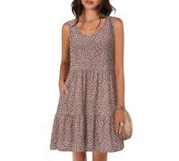 Tanmolo Vestidos de Verano para Mujer Ligeros Aireados Cortos Vestidos de Playa Vacaciones Cuello V sin Mangas（Pequeñas Manchas Leopardo marrón Claro XL）