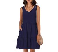 Tanmolo Vestidos de Verano para Mujer Ligeros Aireados Cortos Vestidos de Playa Vacaciones Cuello V sin Mangas（Azul Oscuro L）