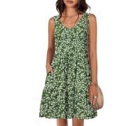 Tanmolo Vestidos de Verano para Mujer Ligeros Aireados Cortos Vestidos de Playa Vacaciones Cuello V sin Mangas（Flores Verdes L）