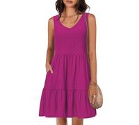 Tanmolo Vestidos de Verano para Mujer Ligeros Aireados Cortos Vestidos de Playa Vacaciones Cuello V sin Mangas（Rosa Fucsia Brillante L）