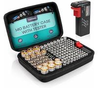TANNESS Organizador de Pilas 140 Unidades con Tester para AA AAA C D y 9V | Caja para Pilas y Baterías con Comprobador Extraíble, Estuche Compacto con Asa y Cremallera para Almacenamiento Seguro