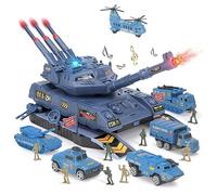 Tanque de Juguete Militar con 6 Vehículos Militares, Juguetes de Tanque con Sonido y Luz, Lanzador de Misiles, Vehículo Tanque, Regalo para Niños de 3 4 5 6 7 8 Años (Azul)