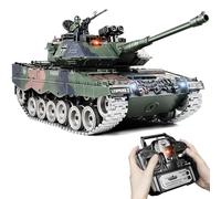 Tanque RC Leopard II, 1:18 Tanque Teledirigido Pistas de Metal con Disparo de BBS y Agua, Tanque Teledirigido con Humo Realista, Sonido, Luces, Retroceso, Tanque Militar RC para Niños y Adultos