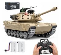 Tanque teledirigido M1A2 Abrams 1:18 con cadenas de metal y función de | Control de 2,4 GHz, torre giratoria, tubo de cañón teledirigido y luz, sonido y humo, color amarillo arena.