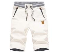 Tansozer Hombre Lino Algodón Pantalones Cortos Verano Casuales Shorts Ligero Chino Pantalones De Playa con Cordones Elásticas Ajustable Cintura Bolsillos Blanco 2XL