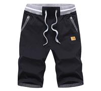 Tansozer Hombre Lino Algodón Pantalones Cortos Verano Casuales Shorts Ligero Chino Pantalones De Playa con Cordones Elásticas Ajustable Cintura Bolsillos Negro 3XL