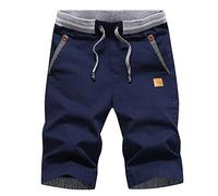 Tansozer Hombre Lino Algodón Pantalones Cortos Verano Casuales Shorts Ligero Chino Pantalones De Playa con Cordones Elásticas Ajustable Cintura Bolsillos Azul Oscuro 3XL