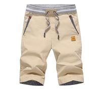 Tansozer Hombre Lino Algodón Pantalones Cortos Verano Casuales Shorts Ligero Chino Pantalones De Playa con Cordones Elásticas Ajustable Cintura Bolsillos Caqui M