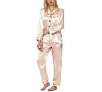 TANTOMI Pijamas de Mujer, Pijama Saten Mujer Conjunto de Pijama de Dos Piezas, con Tira de Botones Pijamas y Pantalones de Pijama S~XXL(Champán-M)