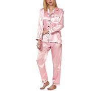 TANTOMI Pijamas de Mujer, Pijama Saten Mujer Conjunto de Pijama de Dos Piezas, con Tira de Botones Pijamas y Pantalones de Pijama S~XXL(Rosa-L)