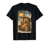 Tanuki en un sombrero de paja, Sipping sake, linterna, estilo Ukiyo-e Camiseta