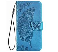 TANYO Funda Folio con Mariposa para el Samsung Galaxy A12 / M12, Carcasa PU/TPU Cuero Billetera con Efectivo y Tarjetas Ranuras, Leather Case Cover Estuche - Azul