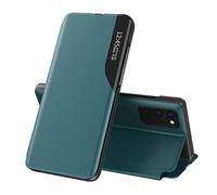 TANYO Funda Smart View para Samsung Galaxy S21 FE, Prima PU Cuero Carcasa con Clear Ventana, Moda Espejo Estuche Movil con Soporte Plegable, Case Cover - Verde