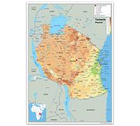 Tanzania Mapa física - papel laminado [ga], color transparente A2 Size 42 x 59.4 cm