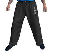 TAO MARTIAL Pantalón Tai Chi Ancho de Viscosa - Hombre y Mujer - Qi Gong Kung Fu Yoga - Ligero con Cintura Elástica y Cordón - Bordado Tai Ji u Om (Color Negro, Talla S)