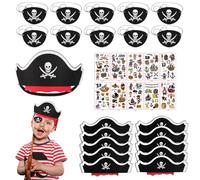 TaoLiMuTX Juego de 30 piezas de decoración de piratas para cumpleaños infantiles, color negro con elementos multicolores, dibujos animados, disfraz, sombrero pirata, parche en los ojos, tatuajes