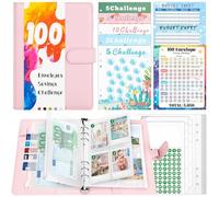 TAOPE Carpeta de Anillas A5, Carpeta de Cuero PU Recargable, Carpetas de 6 Anillas A5 para 100 Envelope Saving Challenge, Cuaderno Rosa con Bolsillos Transparentes para Guardar Tarjetas Foto Facturas