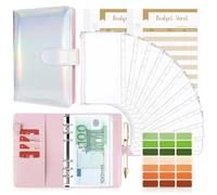 TAOPE Carpeta de Cuaderno A6, 26pcs Cubierta de Hojas Sueltas de Cuero de PU con 12 bolsas Transparente, Clasificador de Presupuesto para Guardar Tarjetas Factura Moneda- Plata Láser y Interior Rosa