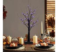 TaoQ C Árbol espeluznante negro de Halloween de 2.2 pies, árbol espeluznante negro con 24 luces LED moradas y naranjas, árbol espeluznante de abedul negro para interiores, Halloween, hogar, chimenea,