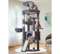 Taoqimiao Árbol para gatos grandes de 72 pulgadas, torre alta de varios niveles, condominio ampliado con tabla grande para rascar, 5 postes rascadores, hamaca de metal, cesta acogedora, gris ahumado