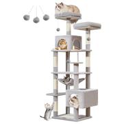Taoqimiao Árbol para gatos, torre para gatos de 68 pulgadas para gatos de interior, condominio de felpa de varios niveles con 6 postes rascadores, 2 posaderas, 2 cuevas, hamaca, 3 pompones, gris claro