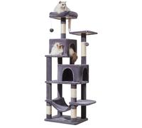 Taoqimiao Árbol para gatos, torre para gatos de interior, condominio de felpa de varios niveles con 5 postes rascadores, 2 posaderas, 2 cuevas, hamaca, 2 pompones, gris ahumado MS013SG