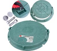 Tapa arqueta redonda DN 600 mm verde clase A15 1,5t, tapa de alcantarillado polímero-sand resistente con tornillos antimanipulación, cubierta registro pozo drenaje, Lun Fix