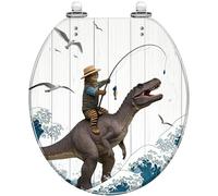 Tapa de inodoro decorativa alargada con diseño divertido de gato montando un dinosaurio en una ola japonesa, fabricada en resina, con bisagras de cierre rápido y liberación rápida para una f
