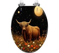 Tapa de Inodoro Decorativa diseño de Vaca de Las Tierras Altas en un Campo de Flores bajo un Cielo Estrellado Asiento Alargado de Resina Estilo Granja con bisagras de liberación rápida y c