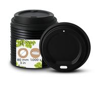 Tapas BIOZOYG para vasos take away Ã~ 80 mm Â- 1000 unidades Â- Tapas desechables de plástico PS con abertura para beber Â- negro, apilables, reciclables, aptas para alimentos, planas