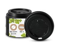 Tapas BIOZOYG para vasos take away Ã~ 90 mm Â- 50 unidades Â- Tapas desechables de plástico PS con abertura para beber Â- negro, apilables, reciclables, aptas para alimentos, planas