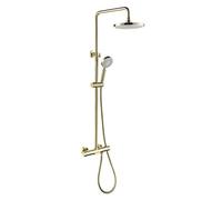 Tapas montado en Pared termostática Oro Cepillado Conjunto Distribuidor baño la batidora latón con Cabezal Lluvia 8 Pulgadas y espectáculo Manos, Ducha de Lujo, F