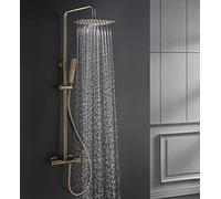 Tapas montado en Pared termostática Oro Cepillado Conjunto Distribuidor baño la batidora latón con Cabezal Lluvia 8 Pulgadas y espectáculo Manos, Ducha de Lujo, F